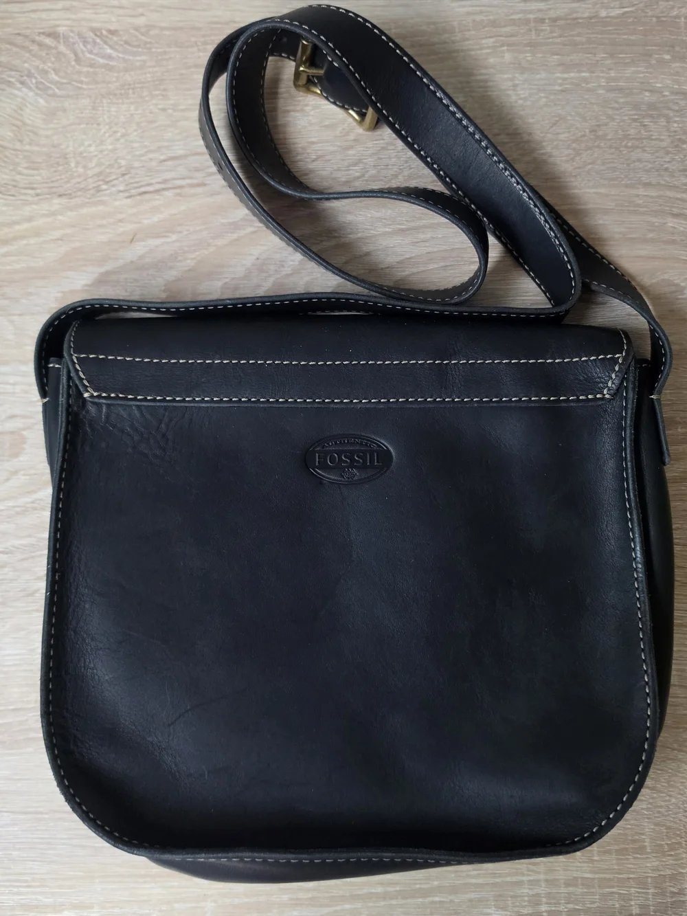 Fossil Black/ Gold Leather Saddle Bag Double Turn Lock Satchel Crossbody Purse